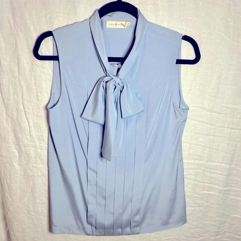 Silk Tory Burch no sleeve with bow robin blue blouse! Perfect condition!
